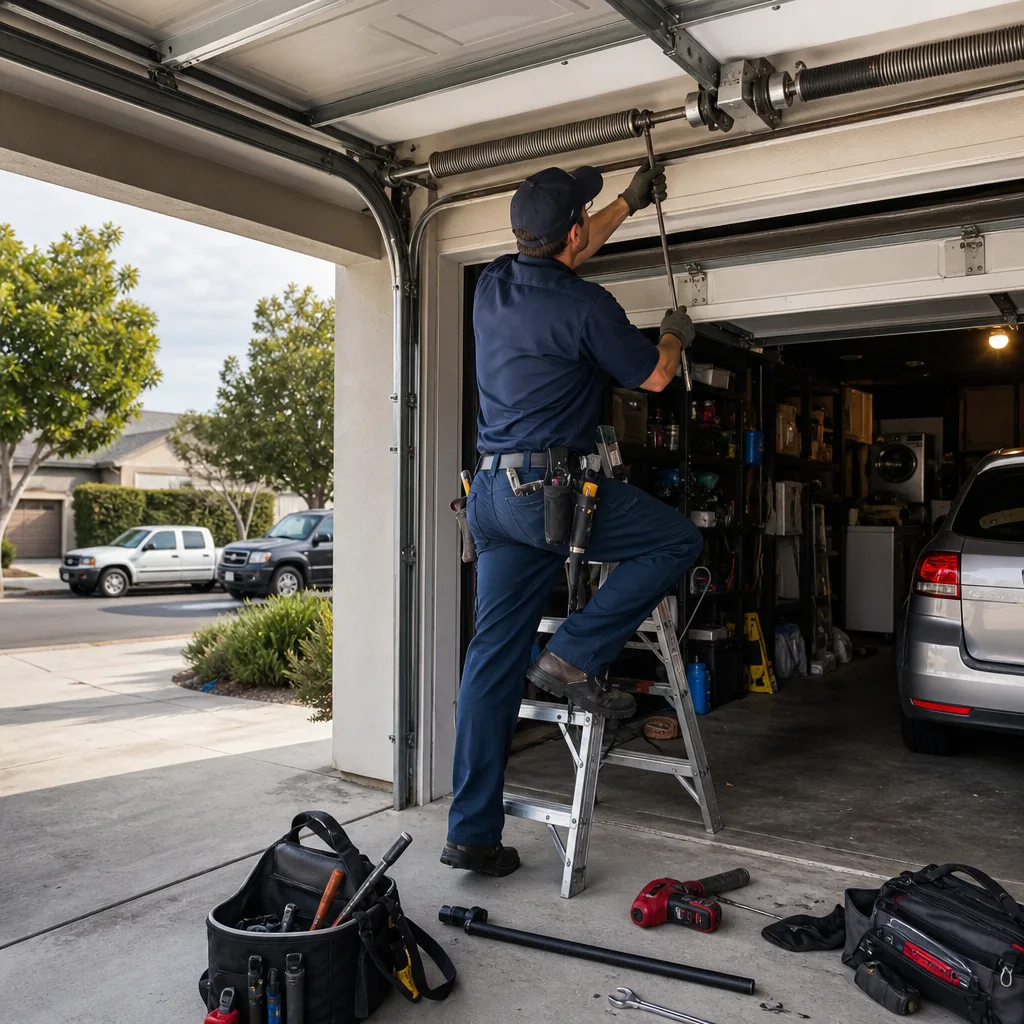 Technician performing emergency garage door spring repair on a ladder