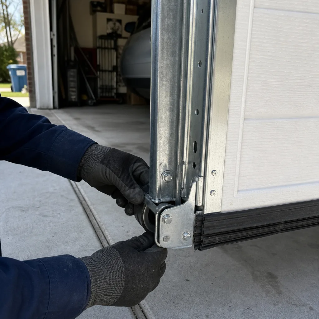 Technician repairing garage door bottom roller assembly