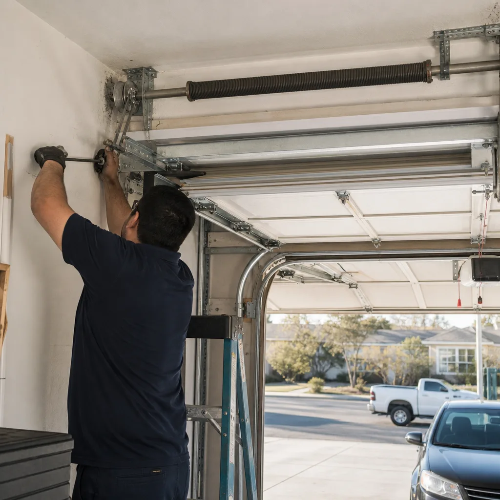 Technician performing professional garage door parts maintenance and repair.